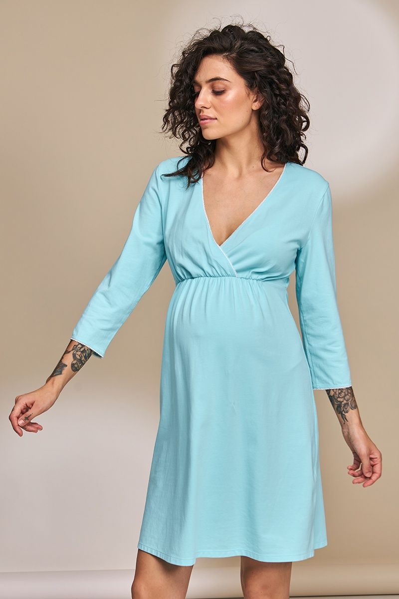 Аквамаринова нічна сорочка для вагітних та годуючих з довгим рукавом NW-1.5.6 фото