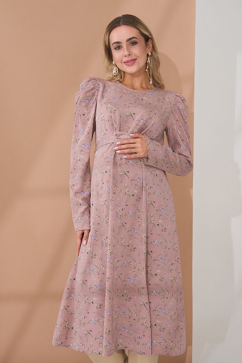 Нарядна сукня для вагітних та годуючих з квітковим принтом на пудрі DR-35.062 фото