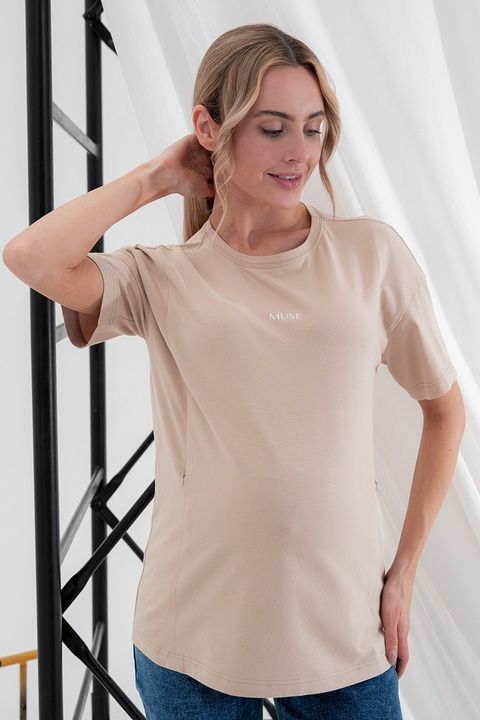 Футболка-оверсайз для вагітних та годуючих бежевого кольору з принтом NR-35.016 фото