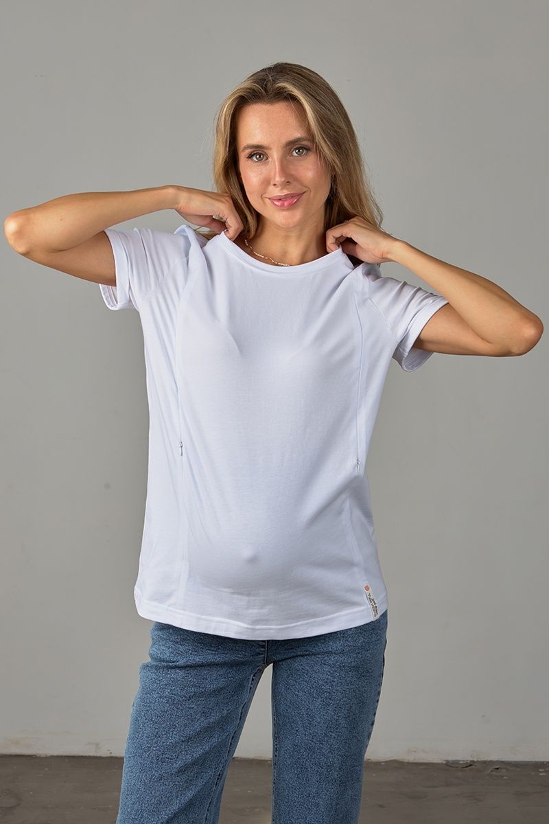 Біла вільна футболка з секретом для годування для вагітних та годуючих NR-24.052 фото Біла вільна футболка з секретом для годування для вагітних та годуючих NR-24.052 фото