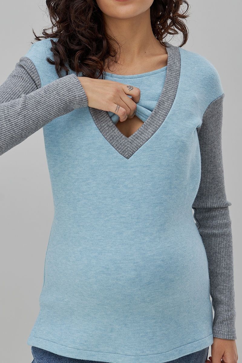 Блакитний облягаючий теплий джемпер для вагітних та годуючих TN-49.042 фото