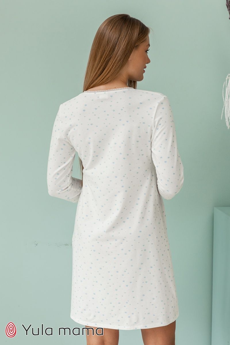 Молочна нічна сорочка з довгим рукавом на запа́х принт блакитні зірки для вагітних та годуючих NW-1.5.5 фото
