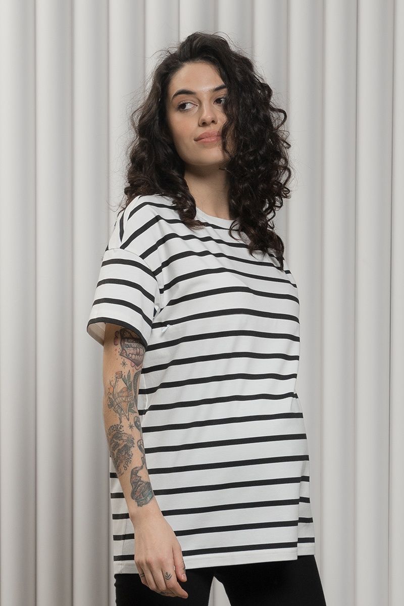 Молочна футболка в чорну смужку для вагітних та годуючих NR-24.011 фото