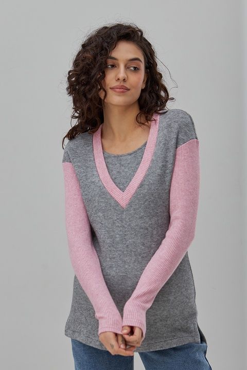 Сірий з рожевим теплий джемпер для вагітних та годуючих TN-49.041 фото