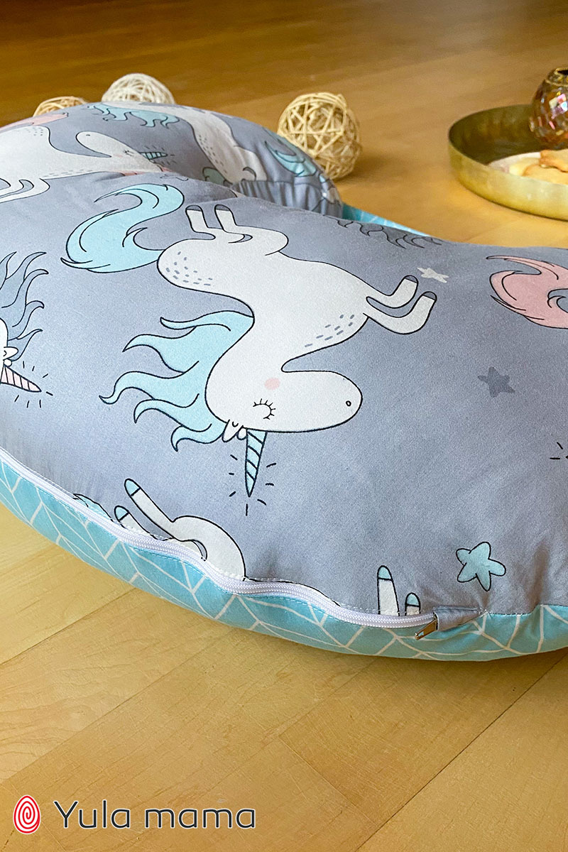 Подушка для годування, єдинороги на сірому, блакитна грива photo №7